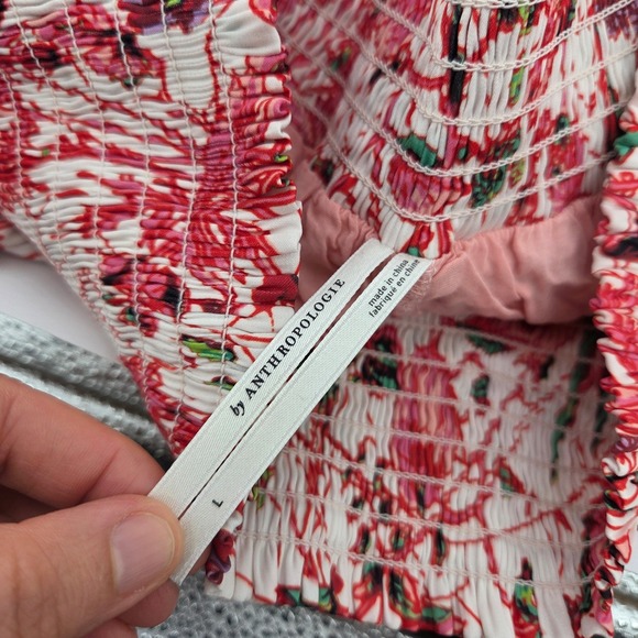 Anthropologie Tiered Ruffle Mini Skirt Large Red Floral Smocked Boho Cottagecore - Picture 3 of 6